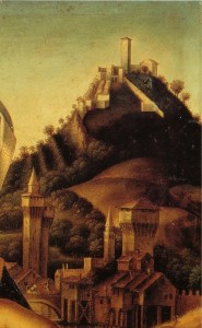 Bartolomeo Veneto, Madonna con bambino. Bergamo, Accademia Carrara (Particolare con la rocca di Monselice nel Cinquecento)