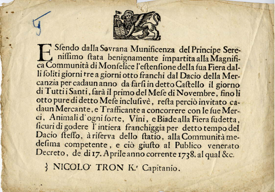 Manifesto a stampa del 17 Aprile 1738 relativo alla fiera dei santi